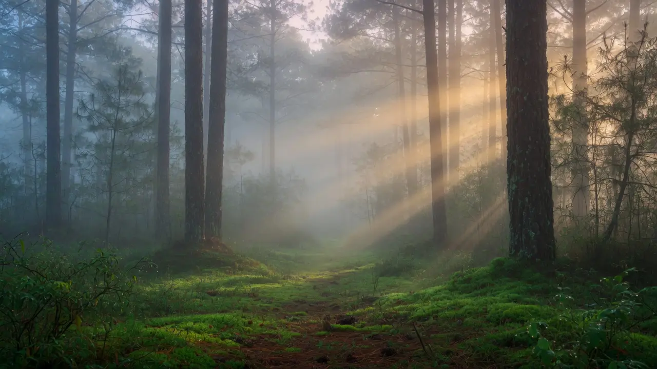 Bruma suave sobre un bosque de pinos guatemaltecos al amanecer, la luz dorada del sol apenas penetrando entre los árboles en rayos difusos y cálidos, el suelo cubierto de musgo verde húmedo, niebla que asciende lentamente entre los troncos, composición amplia 16:9, sin figuras humanas, atmósfera de presencia invisible pero real