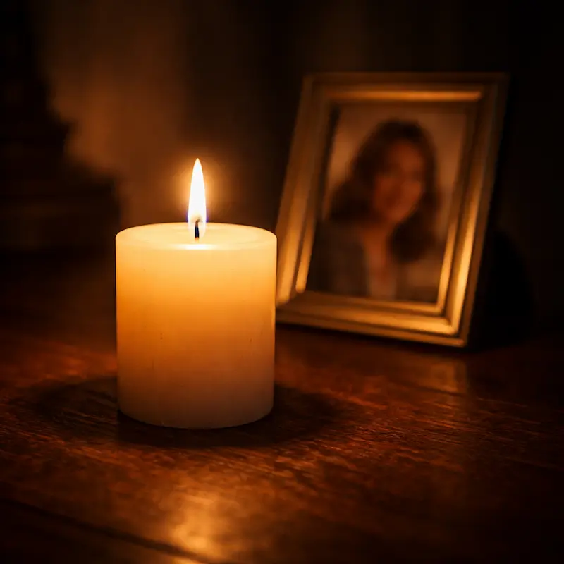 Vela encendida frente a una fotografía borrosa sobre una mesa de madera con luz suave nocturna