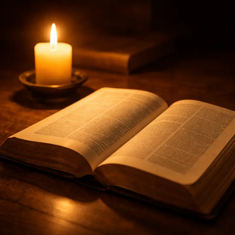 Vela encendida junto a una Biblia abierta en las páginas finales del Apocalipsis, con luz dorada cálida