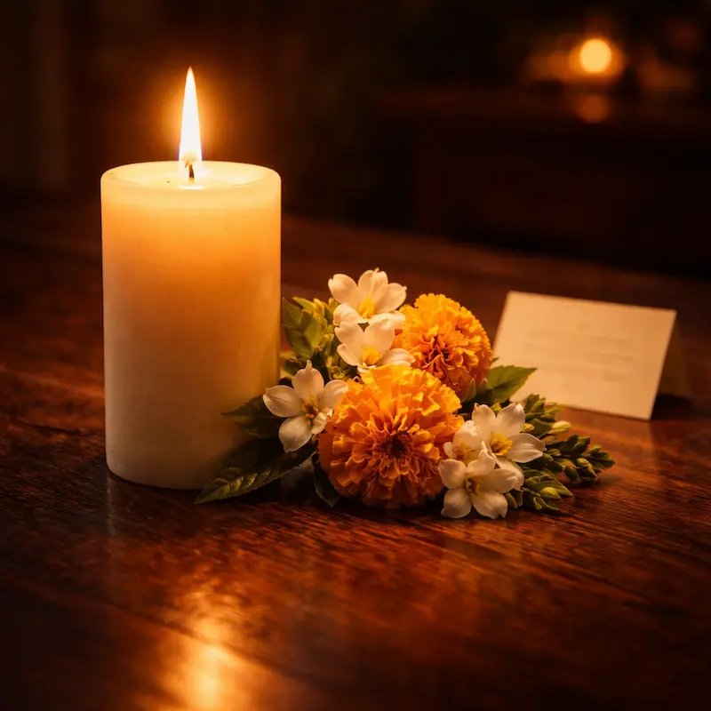 Una vela encendida junto a flores frescas, la celebración que honra a quien no pudo estar físicamente pero que de alguna manera sigue siendo parte de lo que se celebra