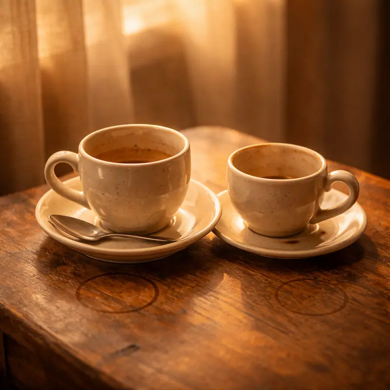 Una ventana con luz de tarde cayendo sobre dos tazas de café vacías, el tiempo compartido que fue real, que todavía importa, que apunta hacia algo que la eternidad no borra sino que transforma