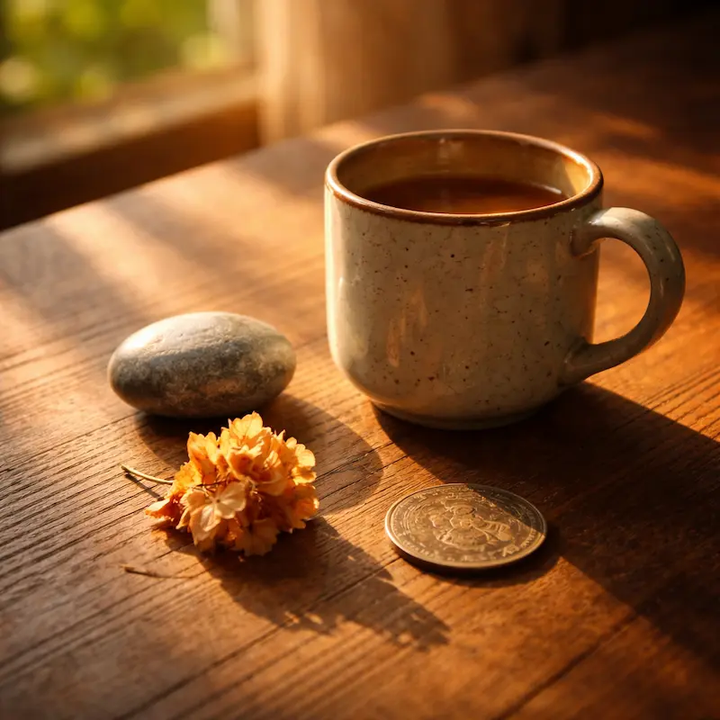Una vela encendida que ilumina objetos cotidianos, la taza, el libro, las flores, lo concreto de la vida que también participa en la promesa de la nueva creación
