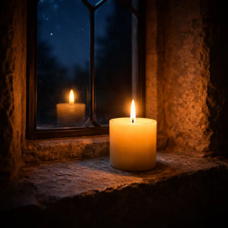 Una vela encendida en la noche, la luz que permanece aunque quien la enciende no esté visible, símbolo de la presencia que continúa aunque tome otra forma