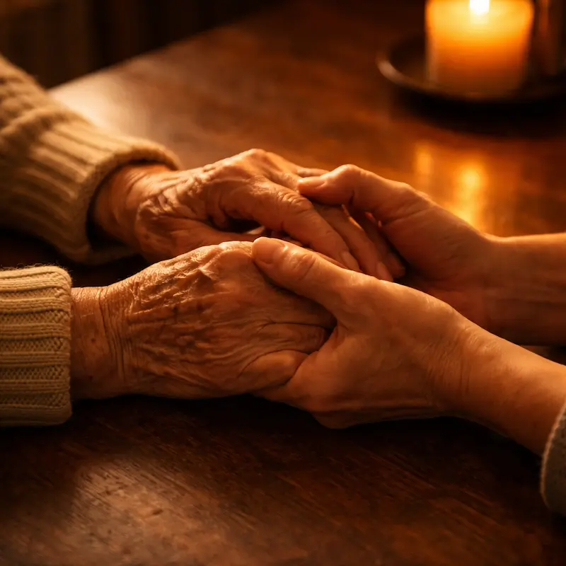 Manos entrelazadas sosteniendo un rosario sobre una superficie oscura con luz cálida de vela