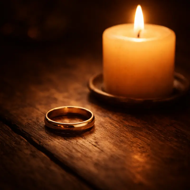Vela encendida junto a una alianza de bodas sobre madera oscura, luz cálida y tenue, íntimo y contemplativo