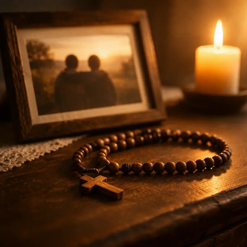 Rosario y fotografía borrosa sobre mesa de madera con luz cálida de vela al costado