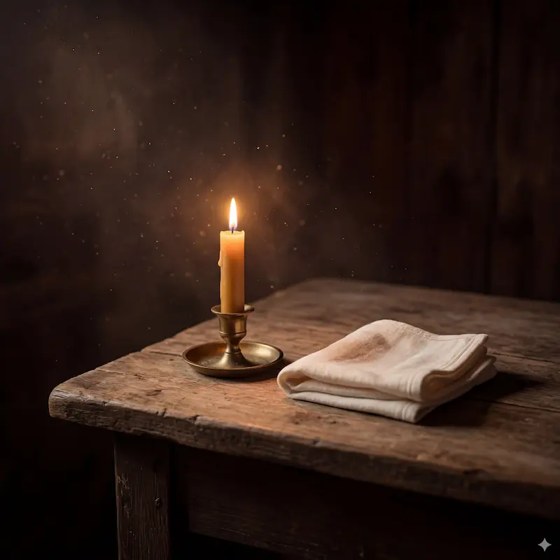 Vela encendida sobre madera oscura, luz cálida y tenue, ambiente íntimo y contemplativo