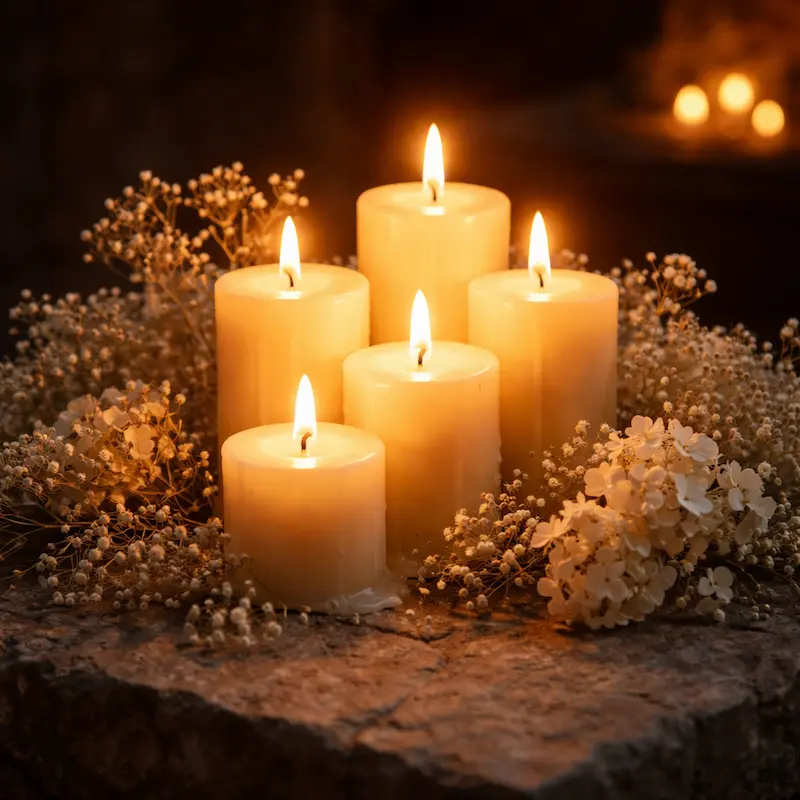 Vela encendida rodeada de flores blancas secas sobre superficie de piedra, luz cálida íntima, sin figuras humanas