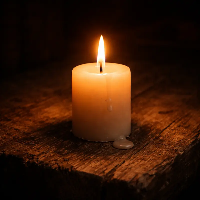 Vela encendida sola sobre superficie de madera oscura, gota de cera, luz cálida tenue, ambiente íntimo y silencioso