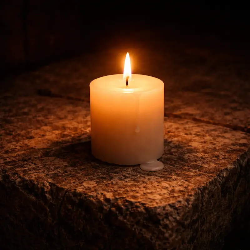 Vela encendida sobre piedra antigua, llama quieta, fondo oscuro, luz cálida y contenida, íntimo y silencioso