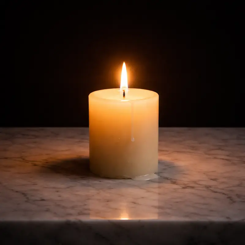 Vela encendida sola sobre mármol blanco, llama quieta, fondo muy oscuro, contraluz cálido y tenue, íntimo y silencioso