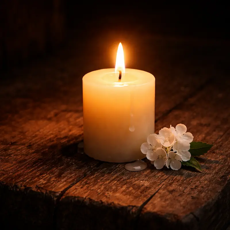 Vela encendida junto a una flor blanca sobre superficie oscura, luz cálida tenue, fondo en sombra profunda, íntimo y silencioso