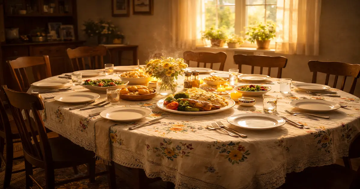 Cocina de hogar con luz cálida de mañana, plato servido sobre mesa de madera, símbolo del amor de una madre que siempre tenía un lugar para cada hijo