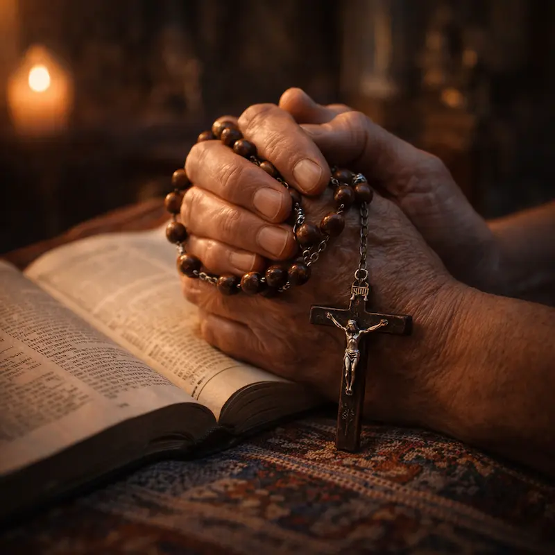 Manos unidas sosteniendo un Rosario en señal de oración y fortaleza familiar