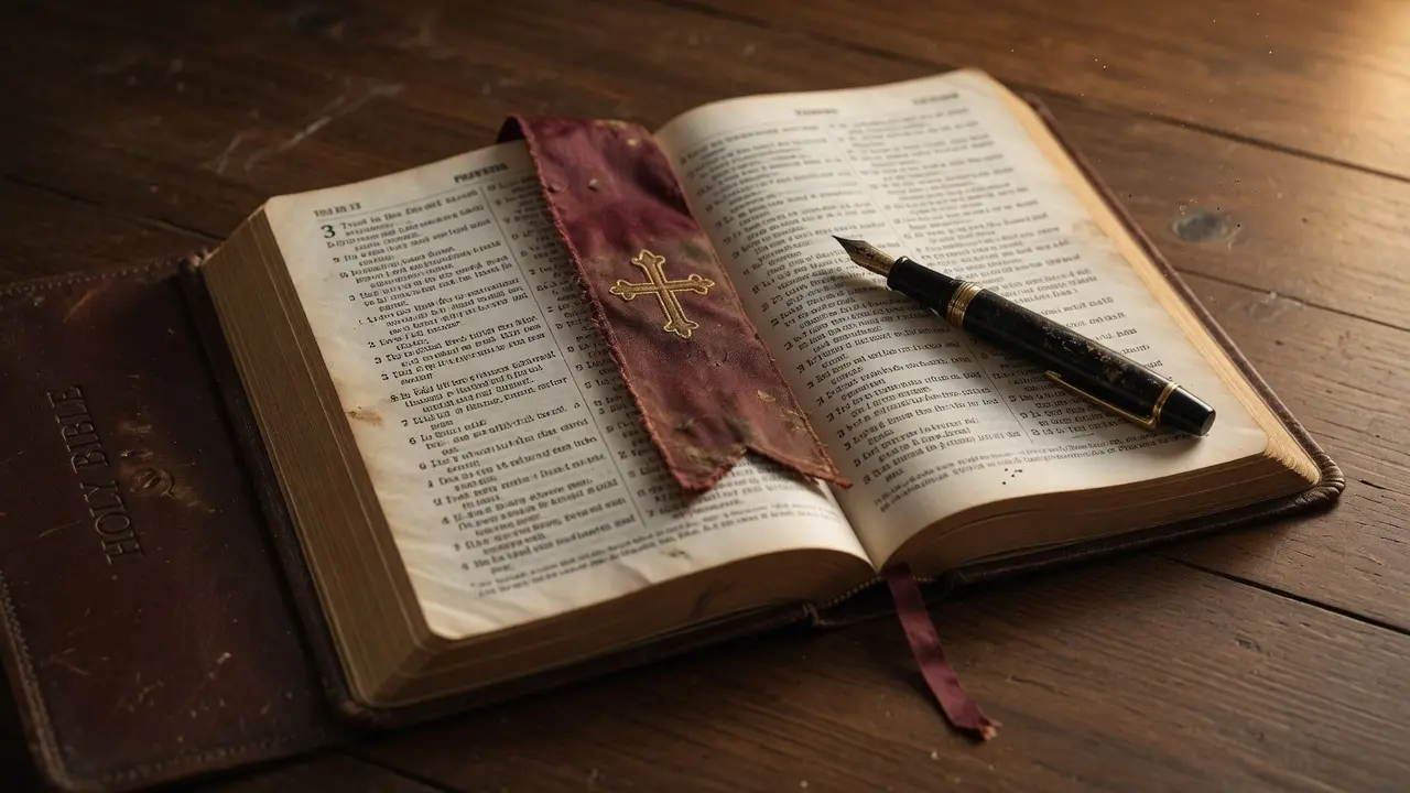 Biblia abierta con un marcador de tela entre las páginas de Proverbios, una pluma apoyada sobre el texto, luz cálida y suave desde el lateral, mesa de madera oscura, formato 16:9