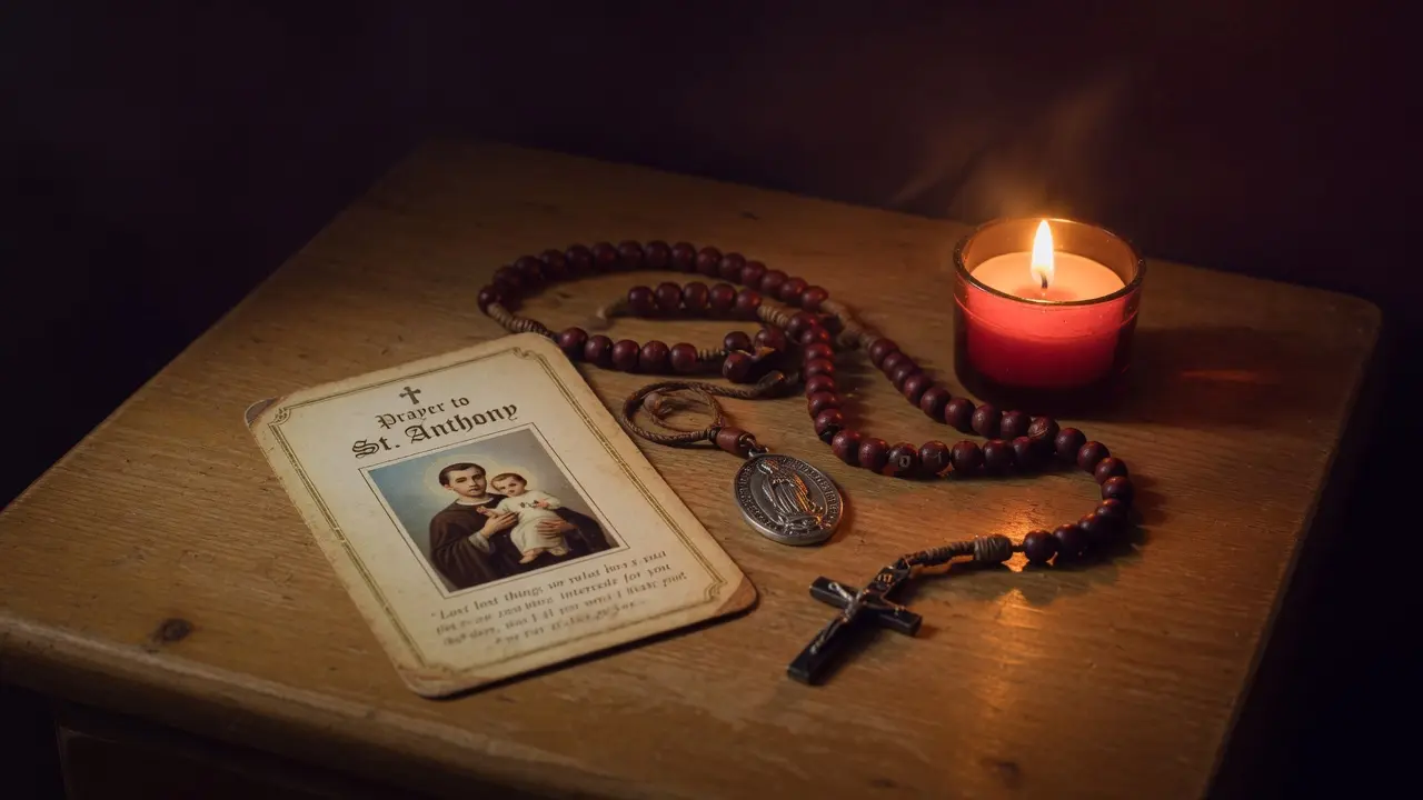 Estampa de oración sobre una mesa de noche junto a una medalla y un rosario enrollado, luz de veladora muy suave, penumbra cálida, formato 16:9