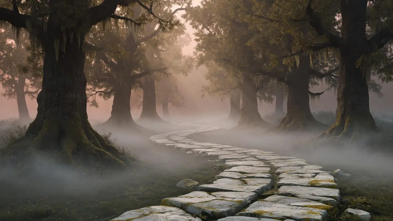 Camino de piedra entre árboles centenarios con niebla suave en la mañana, luz filtrada y difusa, ambiente contemplativo