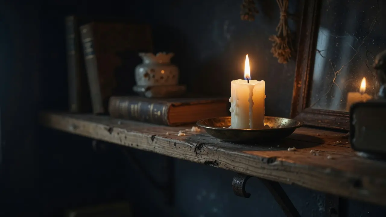 Vela encendida en un cuarto oscuro sobre una repisa de madera antigua, llama tranquila, objetos borrosos al fondo