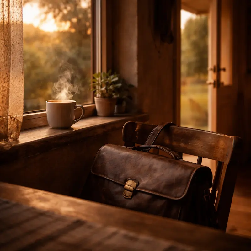 Amanecer suave sobre una ventana con vista a un camino, taza de café en el alféizar