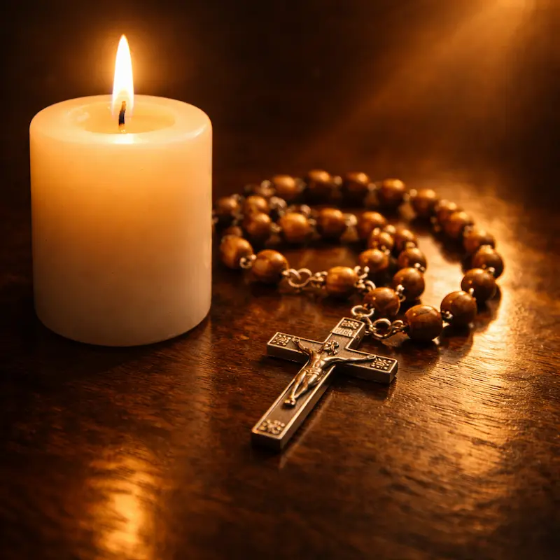 Luz de una vela reflejada en un rosario sobre superficie de madera oscura