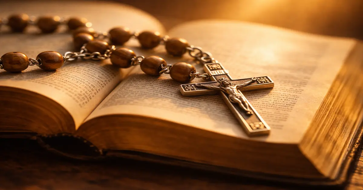 Rosario de madera sobre una Biblia abierta con luz dorada lateral, símbolo de la oración por los difuntos