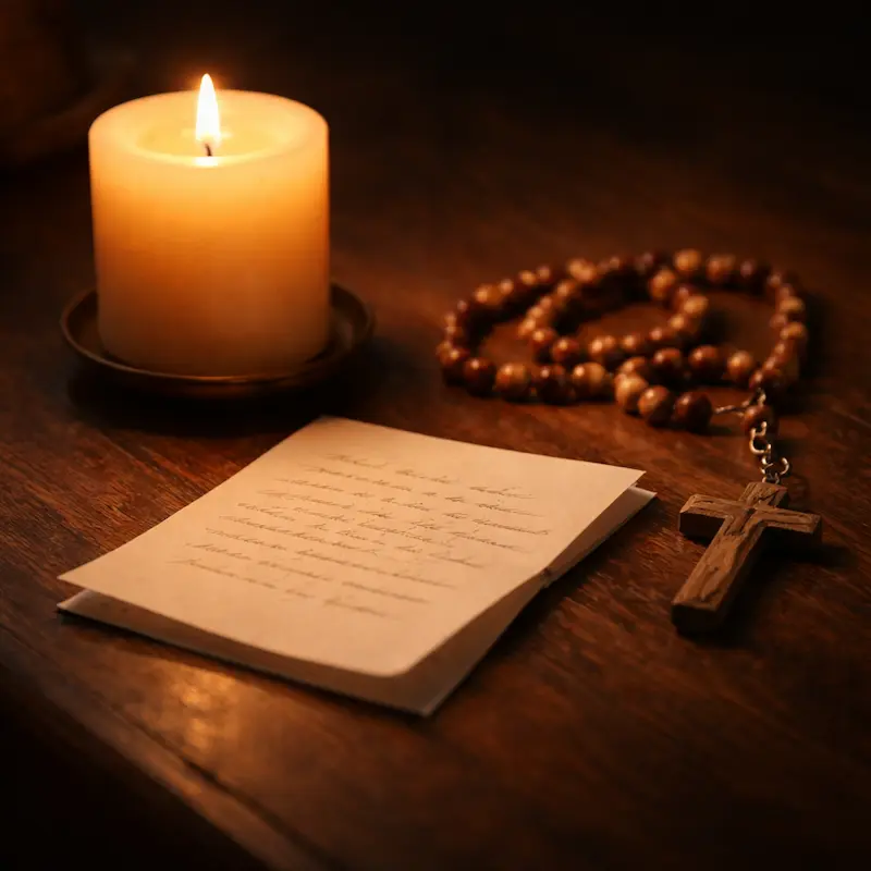 Vela encendida junto a un pequeño nombre escrito en un papel o una carta doblada y un rosario, el memorial íntimo que los padres crean para honrar a quien el mundo apenas conoció