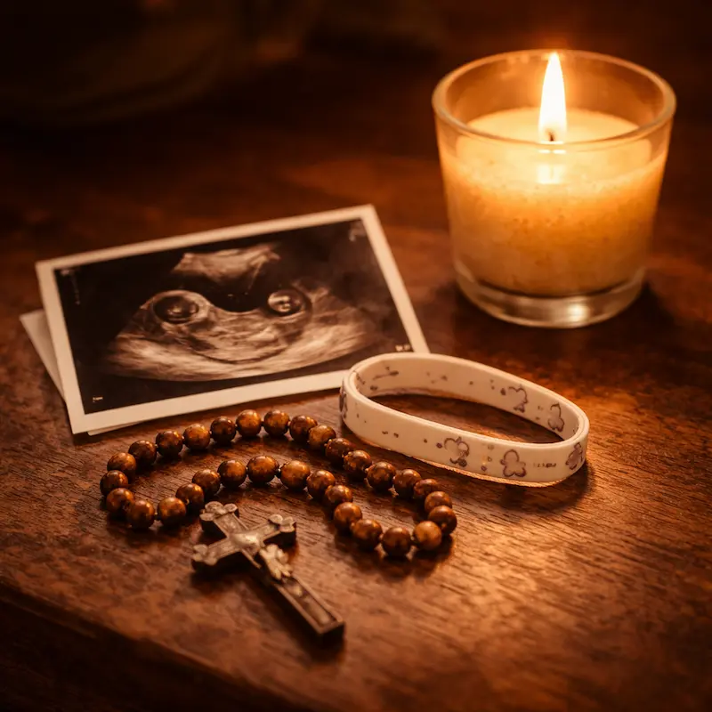 Vela encendida junto a un pequeño objeto que recuerda al bebé — una ecografía, un pequeño par de zapatos, una tarjeta del hospital — luz cálida y quieta, el amor que honra a quien vivió aunque fuera muy poco