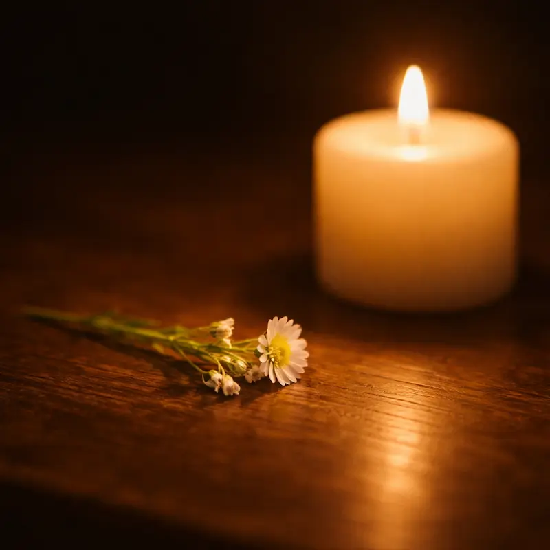 Vela encendida junto a una pequeña flor silvestre recogida con cuidado, superficie oscura, luz cálida y quieta, gesto de honrar algo pequeño que importó mucho