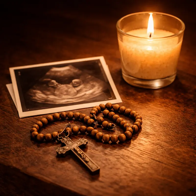 Vela encendida junto a una pequeña ecografía o un objeto que recuerda al bebé, luz cálida y quieta, el amor que no tiene a dónde ir y que encuentra esta forma de seguir existiendo