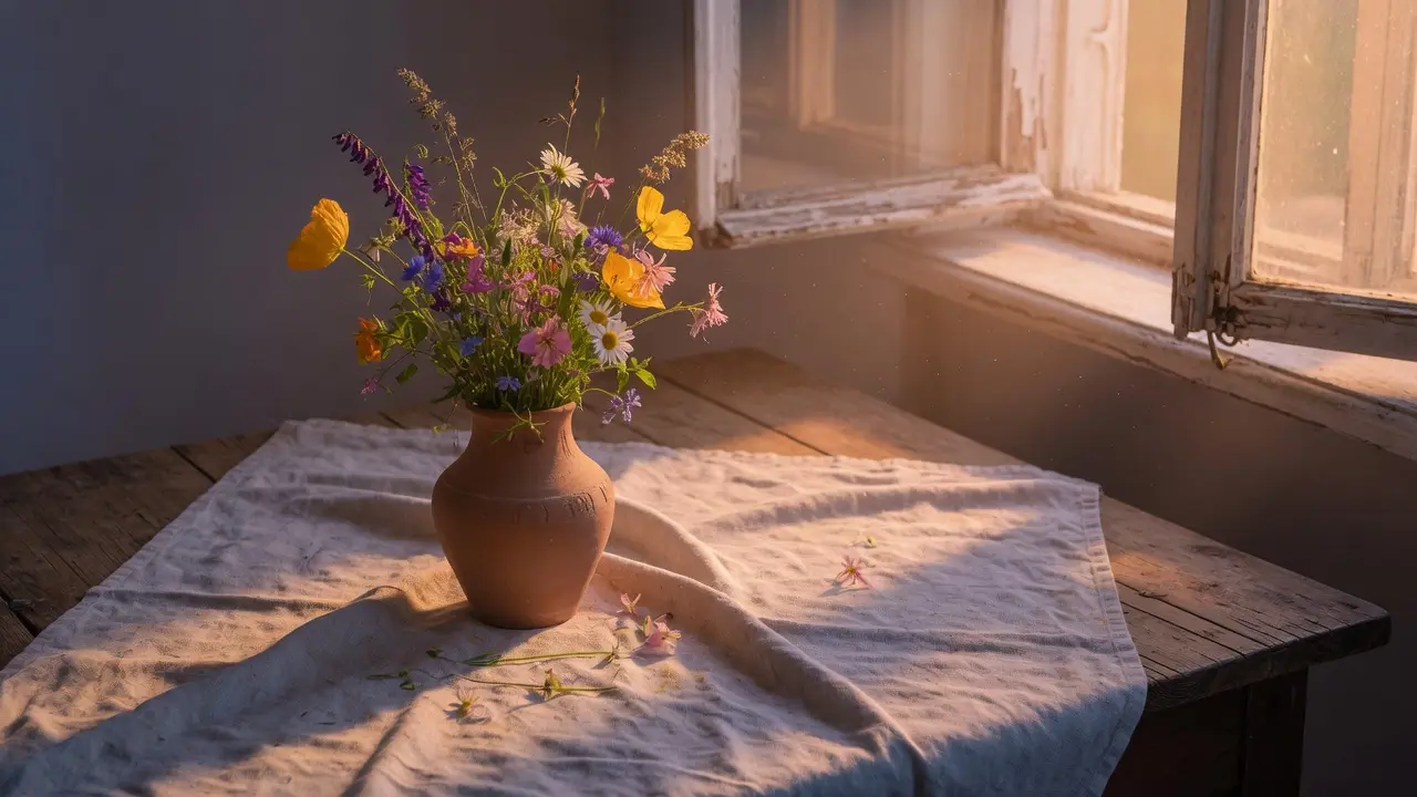 Una ventana con luz suave entrando al amanecer, flores silvestres sobre una mesa de madera antigua