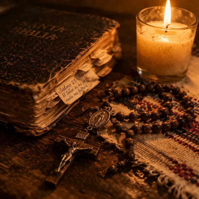 Vela encendida junto a un rosario desgastado por el uso y una Biblia antigua sobre una mesa, la fe que se usó durante décadas y que ahora es herencia