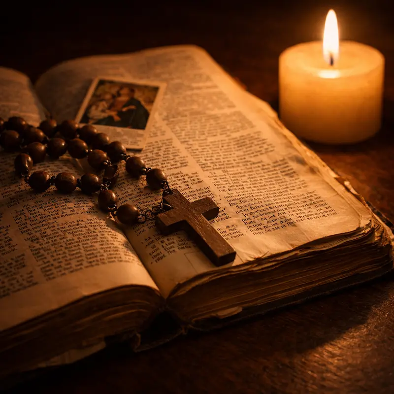 Rosario antiguo de madera, desgastado por el uso, sobre una Biblia abierta con una imagen sagrada marcando la página, luz cálida y tenue