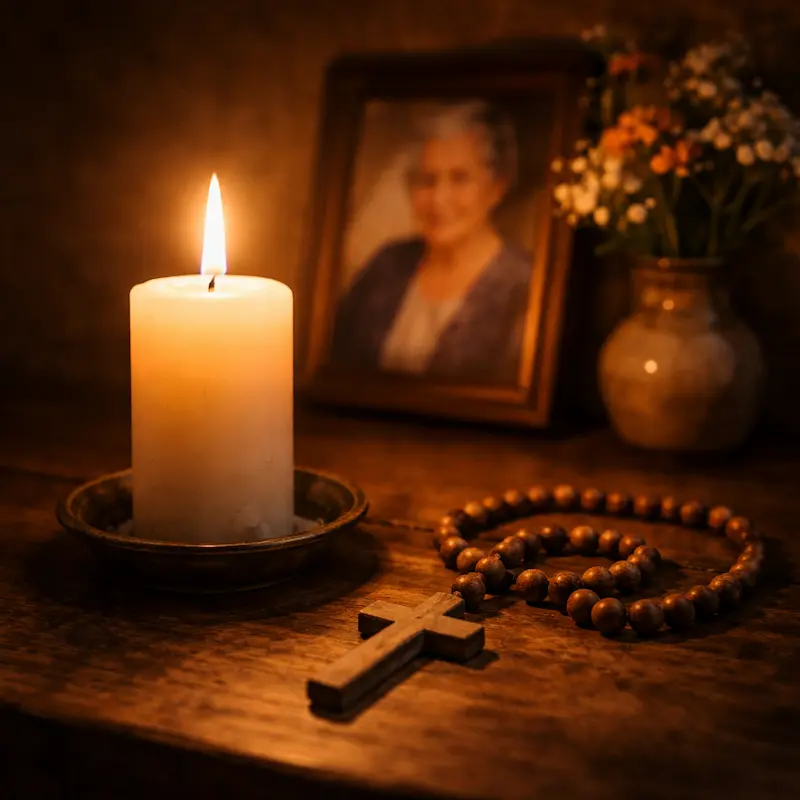 Vela encendida junto a un rosario y una fotografía ligeramente borrosa de una mujer mayor, luz cálida y quieta, el amor que continúa en la única forma todavía disponible