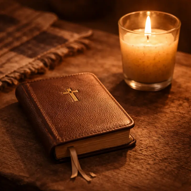 Vela encendida junto a un rosario y una pequeña Biblia sobre una mesa, la oración del niño o del adolescente que busca a su abuelo de la única manera todavía disponible