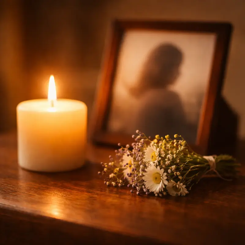 Vela encendida junto a una fotografía borrosa y unas flores silvestres sobre una mesita, luz cálida y quieta en la oscuridad