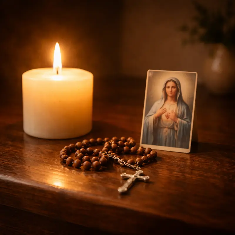 Vela encendida junto a un rosario de madera, una pequeña imagen de la Virgen al costado, luz cálida y quieta sobre fondo oscuro