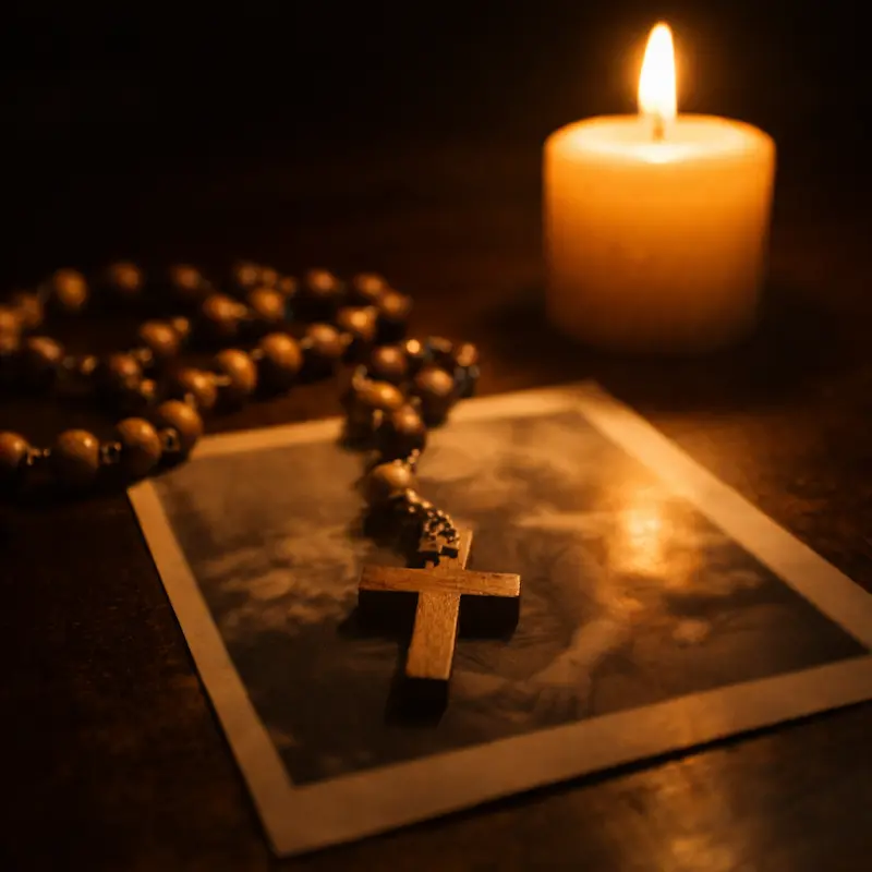 Rosario de madera sobre una fotografía borrosa, vela encendida al costado con luz cálida y suave en la oscuridad