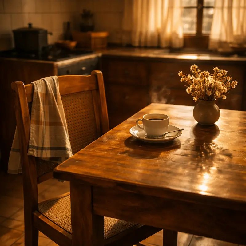 Cocina de madera antigua con luz cálida de tarde, una silla vacía junto a la mesa, una taza de café humeando sin nadie que la sostenga
