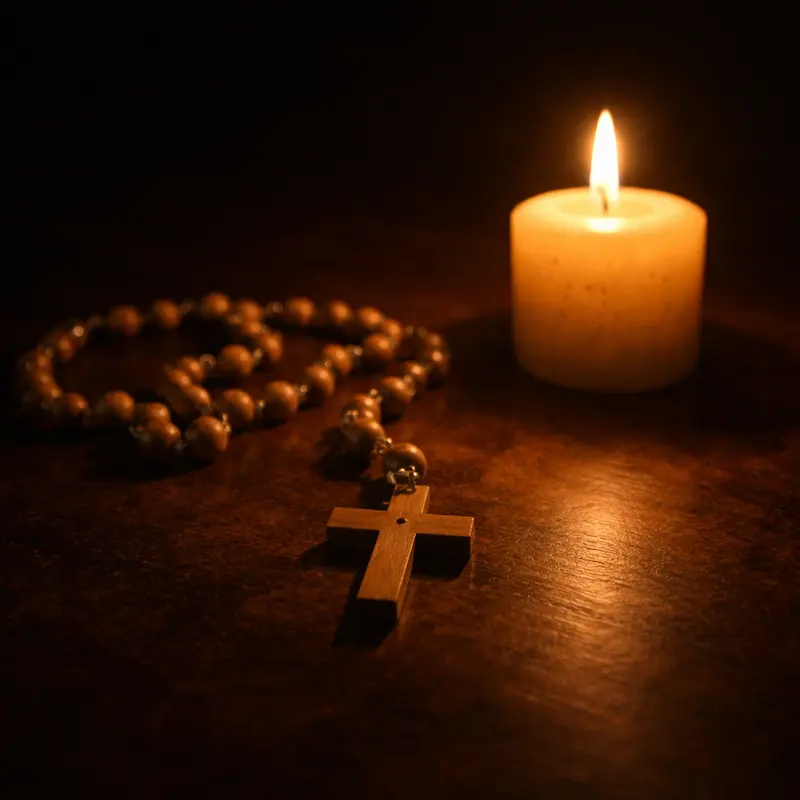 Vela encendida en la oscuridad junto a un rosario, luz cálida y estable en medio del silencio