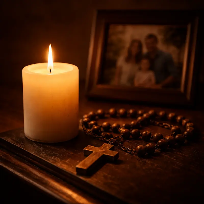 Vela encendida junto a una fotografía borrosa y un rosario sobre una mesa, luz cálida y quieta que sostiene en la oscuridad del cuarto