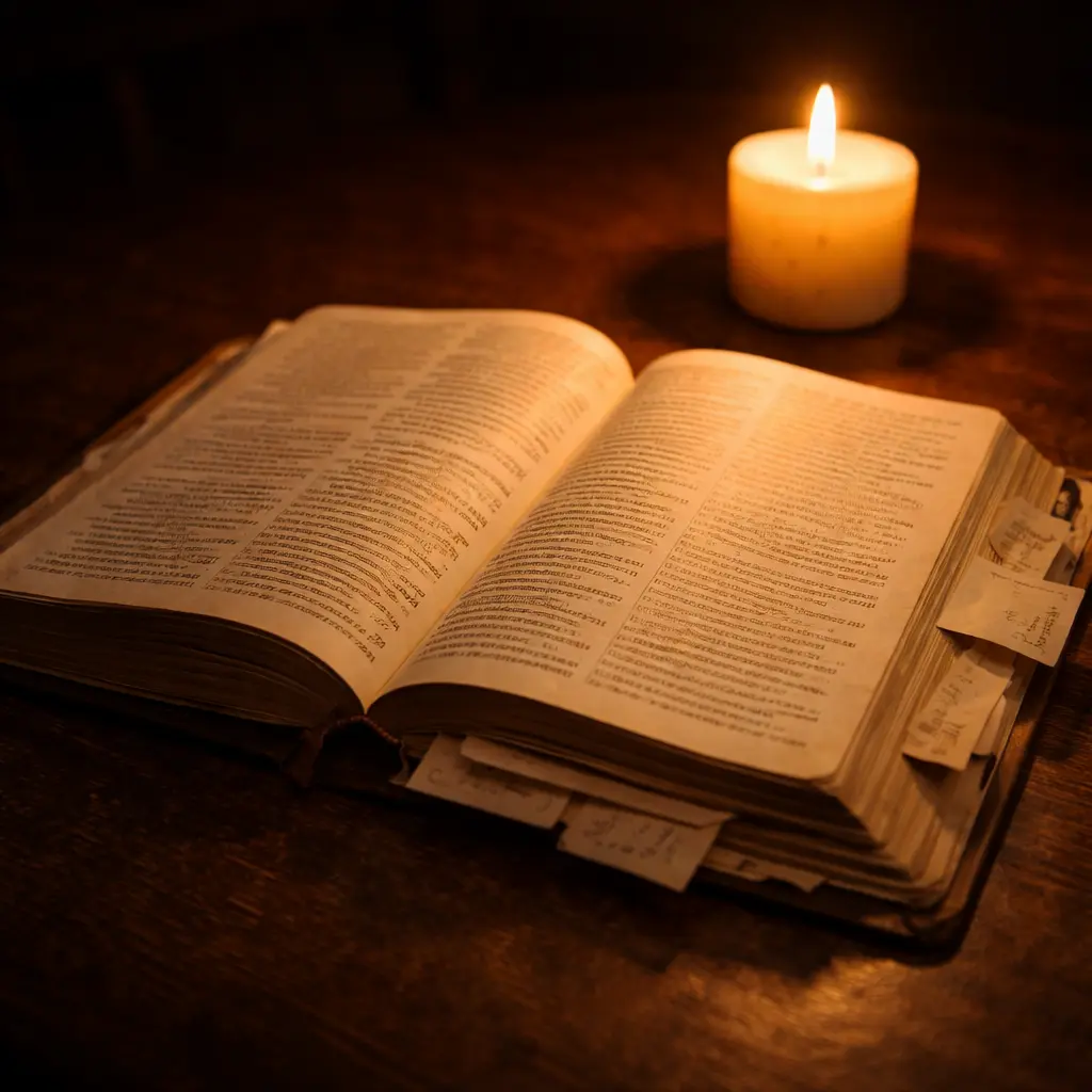 Biblia abierta sobre una mesa de madera con marcadores entre las páginas, luz dorada cálida de vela al costado, como una herencia que permanece