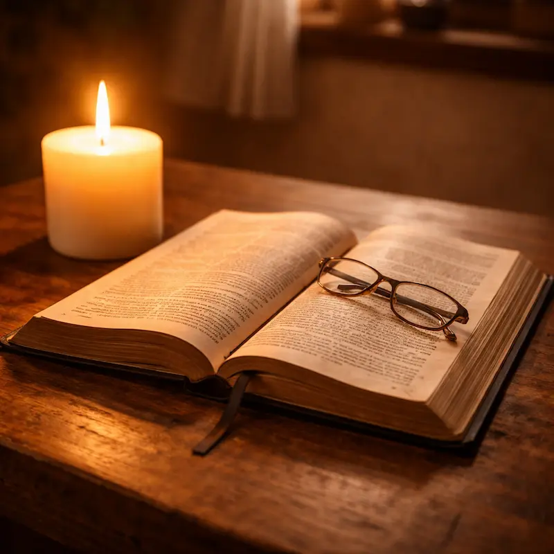 Vela encendida junto a una Biblia abierta, luz cálida y quieta, los objetos que un hombre dejó que hablan de quién era