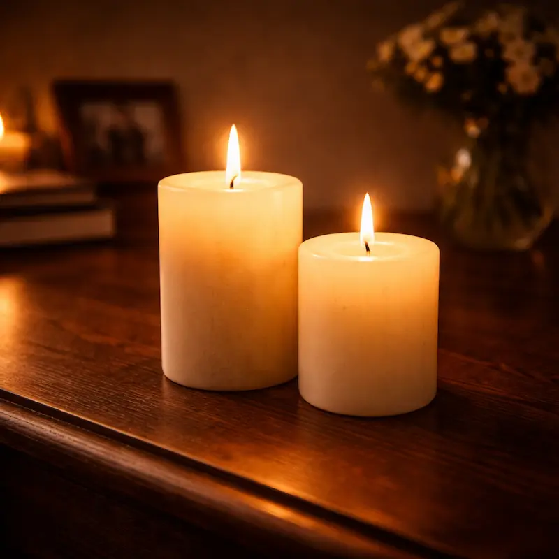 Vela encendida en un cuarto familiar, dos velas en lugar de una, cada una por alguien distinto, luz cálida compartida en la oscuridad