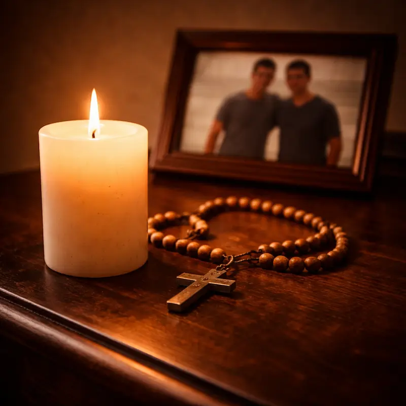 Vela encendida junto a un rosario y una fotografía ligeramente borrosa, luz cálida y quieta, el amor fraternal que continúa en la única forma todavía disponible