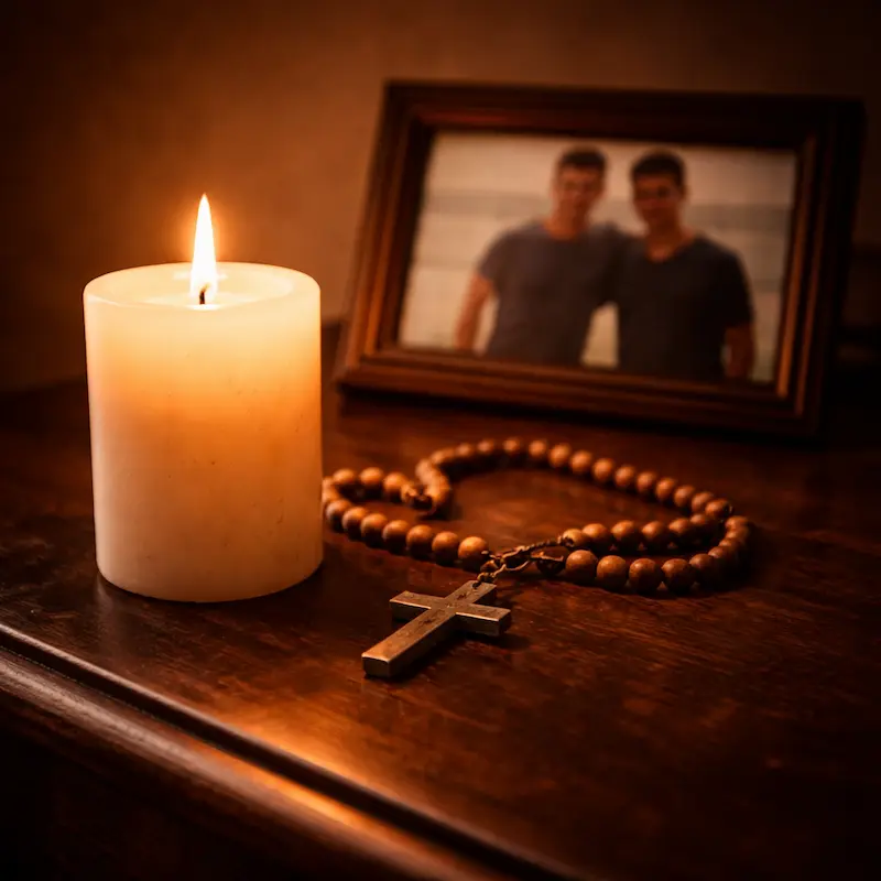 Vela encendida junto a un rosario y una fotografía borrosa, luz cálida y quieta, el amor que continúa buscando la forma disponible