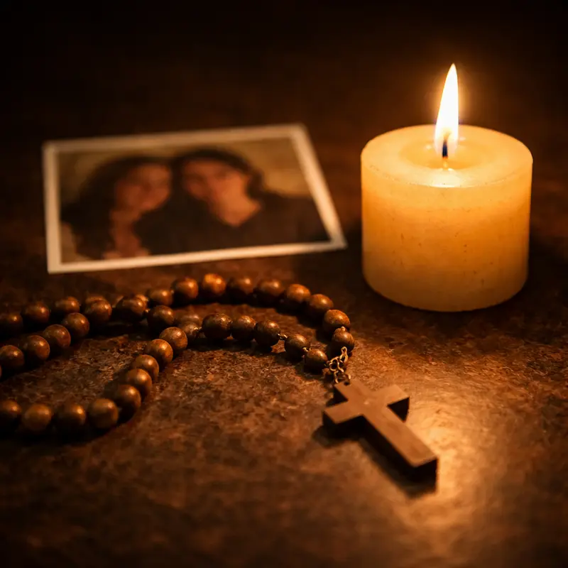 Vela encendida junto a una foto borrosa, rosario apoyado al lado, luz suave y cálida en la oscuridad del cuarto