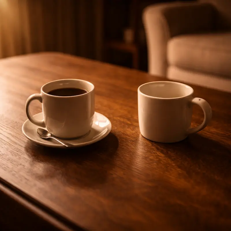 Dos tazas en una mesa de madera, una llena y otra vacía, luz cálida de tarde y sillas que sugieren una conversación interrumpida