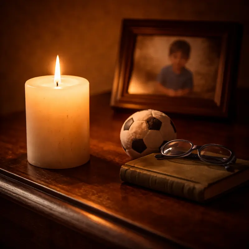 Vela encendida junto a una fotografía borrosa, un pequeño objeto o juguete al lado, luz cálida y quieta en la oscuridad, el amor que continúa en la forma que todavía está disponible