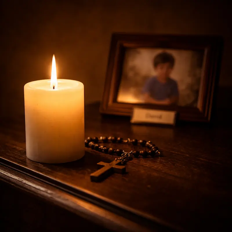 Vela encendida junto a una pequeña fotografía borrosa, luz cálida y quieta en la oscuridad, el amor que sigue buscando su forma después de la pérdida