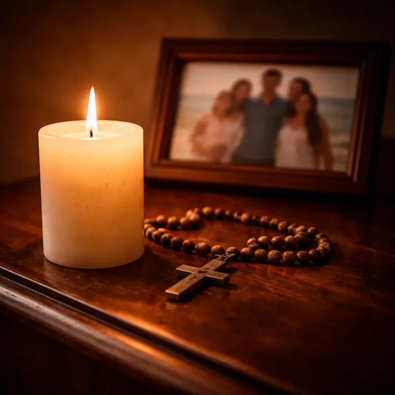 Vela encendida junto a una fotografía familiar borrosa y un rosario, luz cálida y quieta, el amor que continúa en la única forma todavía disponible